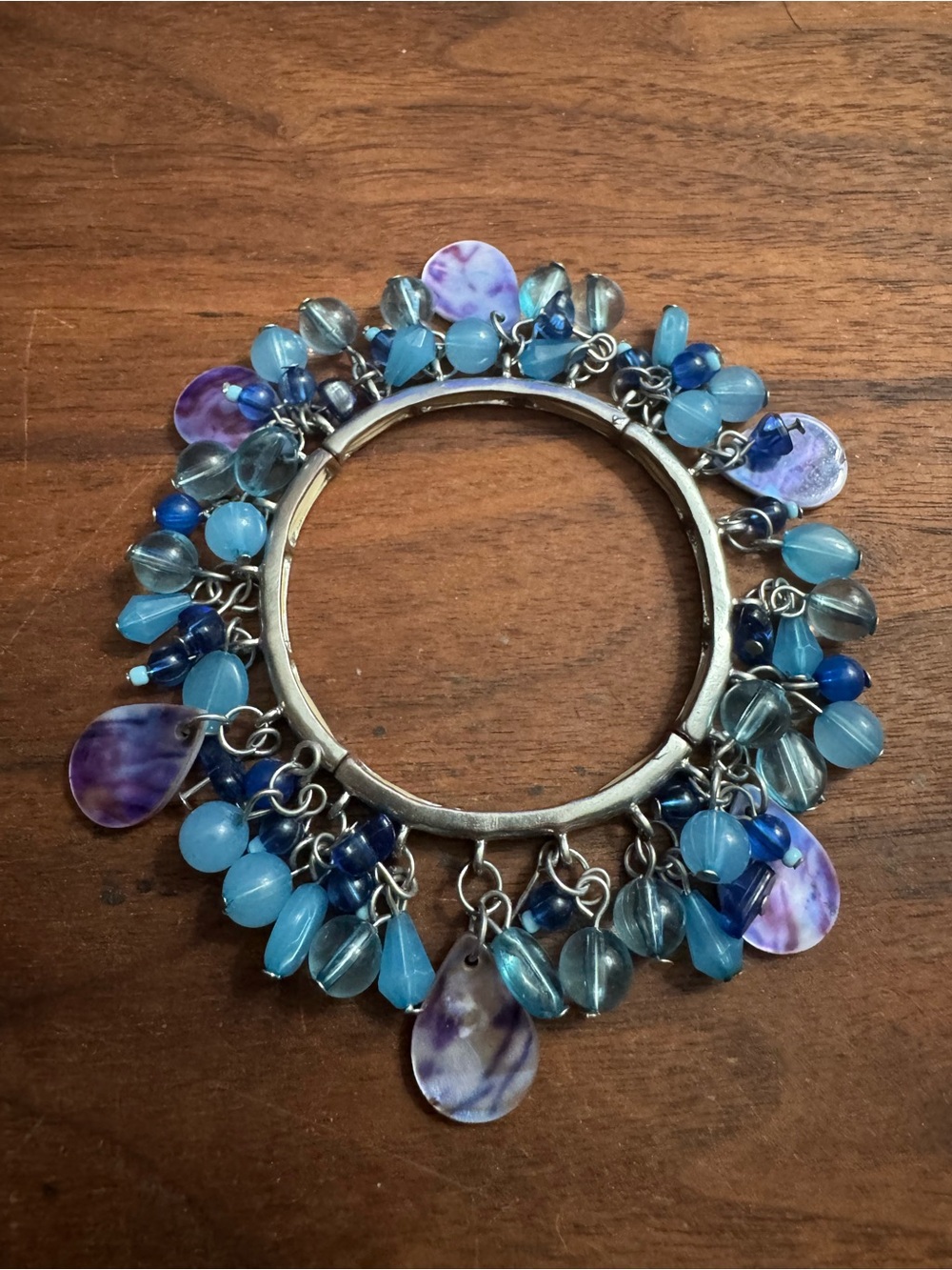 Cha Cha Silvertoned Blue Beaded Dangle Bracelet w/Purple Shell/Abalone Accents